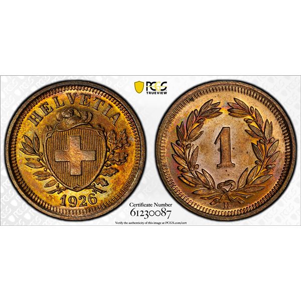 SWITZERLAND: Confederation, AE rappen, 1926-B, PCGS MS64 RB