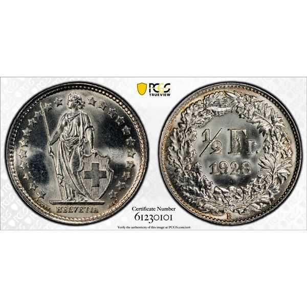 SWITZERLAND: Confederation, AR 1/2 franc, 1928-B, PCGS MS67