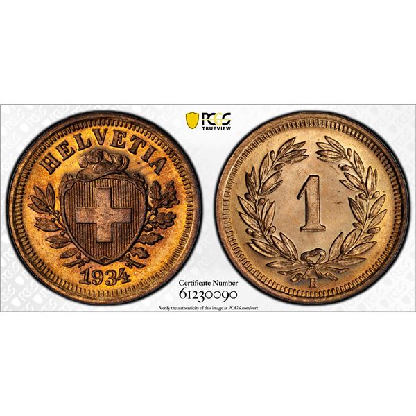 SWITZERLAND: Confederation, AE rappen, 1934-B, PCGS MS65 RD