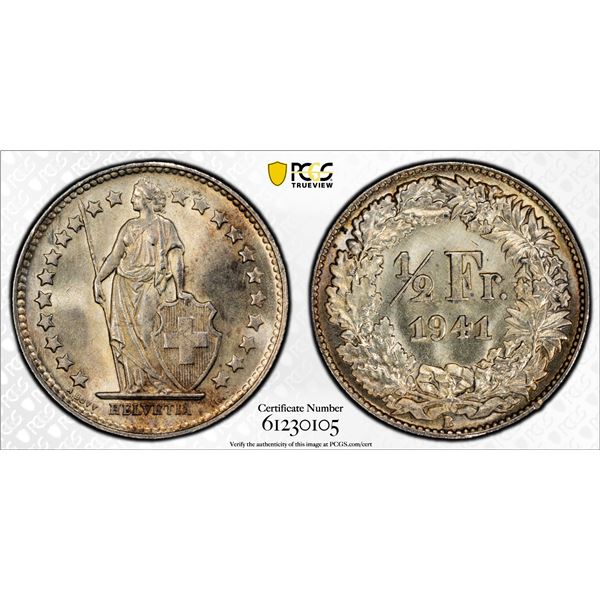 SWITZERLAND: Confederation, AR 1/2 franc, 1941-B, PCGS MS66