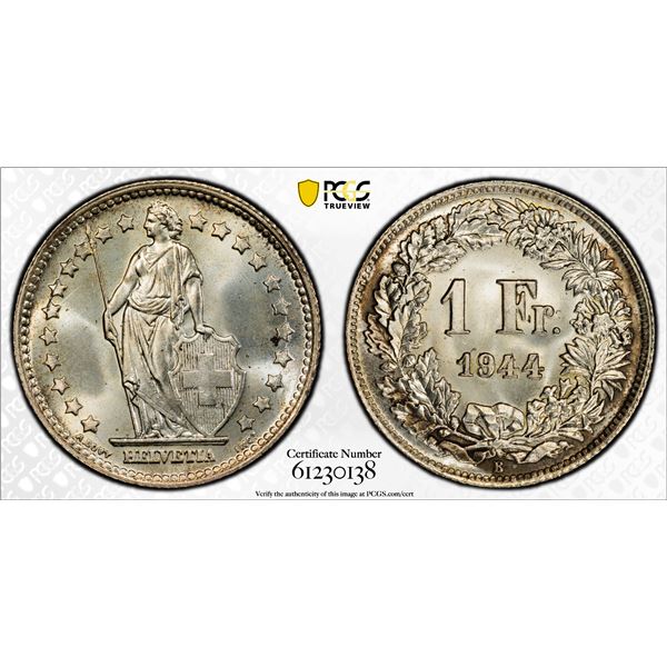 SWITZERLAND: Confederation, AR franc, 1944-B, PCGS MS67