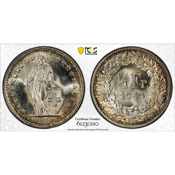 SWITZERLAND: Confederation, AR 1/2 franc, 1945-B, PCGS MS66