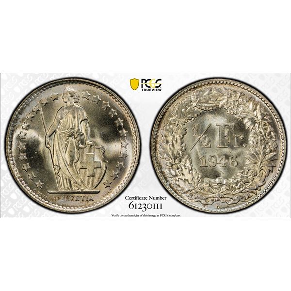 SWITZERLAND: Confederation, AR 1/2 franc, 1946-B, PCGS MS67