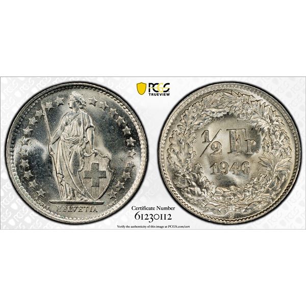 SWITZERLAND: Confederation, AR 1/2 franc, 1946-B, PCGS MS66