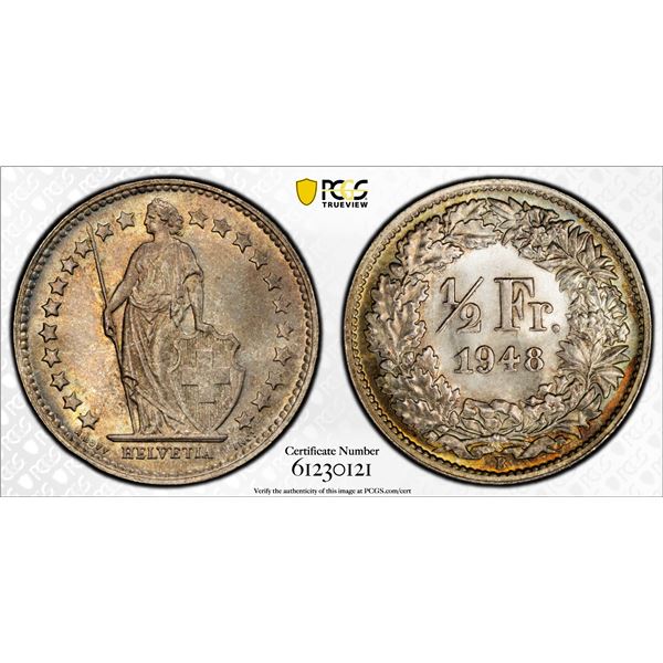 SWITZERLAND: Confederation, AR 1/2 franc, 1948-B, PCGS MS67