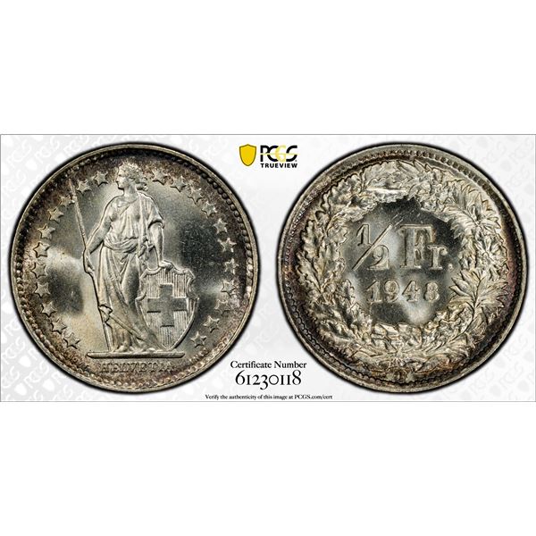 SWITZERLAND: Confederation, AR 1/2 franc, 1948-B, PCGS MS66