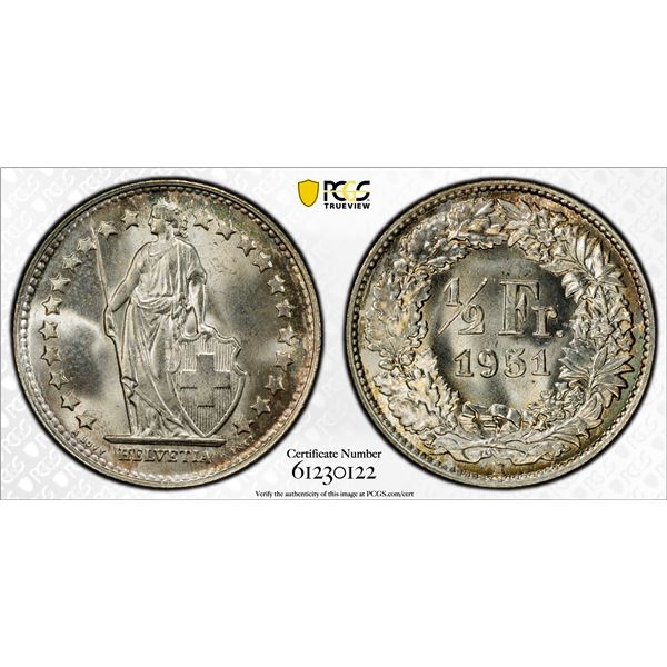 SWITZERLAND: Confederation, AR 1/2 franc, 1951-B, PCGS MS67