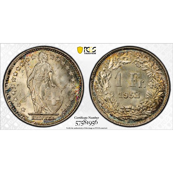 SWITZERLAND: Confederation, AR franc, 1952-B, PCGS MS67