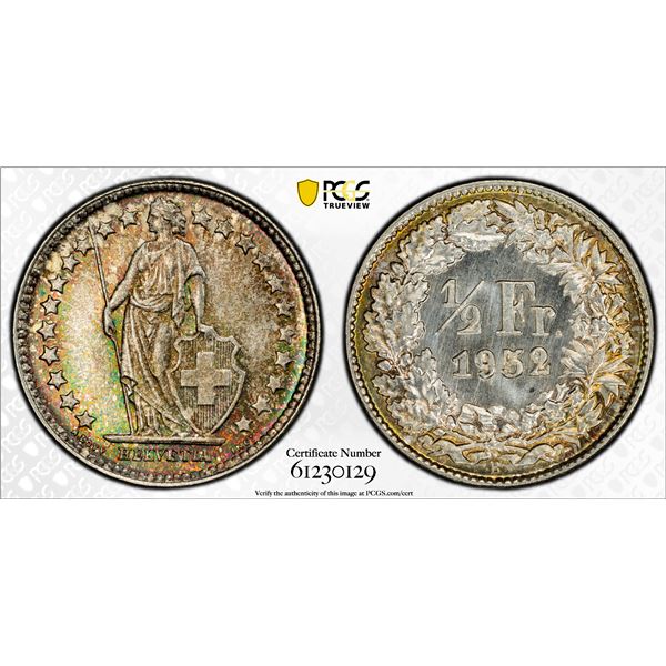 SWITZERLAND: Confederation, AR 1/2 franc, 1952-B, PCGS MS67
