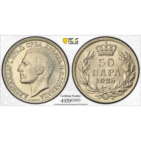 YUGOSLAVIA: Alexander I, 1921-1934, 50 para, Brussels, 1925, PCGS MS65