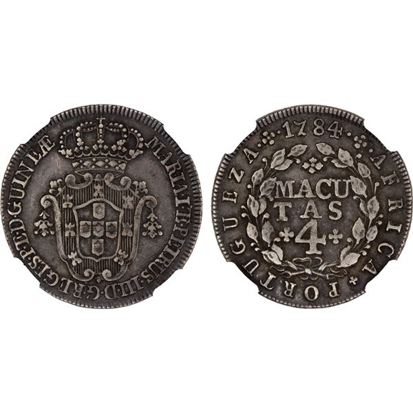 ANGOLA: Maria I & Pedro III, 1777-1786, AR 4 macutas, 1784, NGC EF45