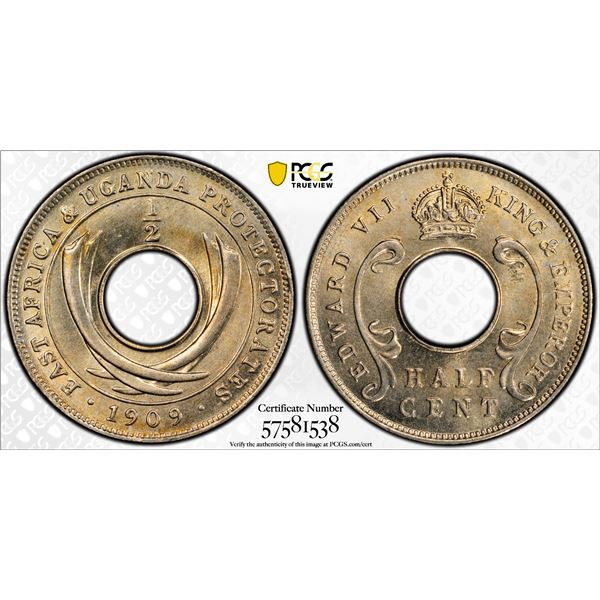 EAST AFRICA & UGANDA: Edward VII, 1901-1910, 1/2 cent, 1909, PCGS MS65