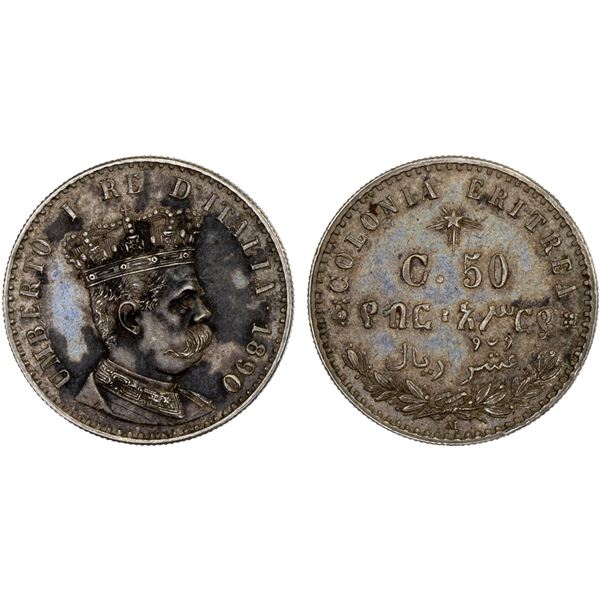 ERITREA: Umberto I, 1878-1900, AR 50 centesimi, 1890-M, AU-UNC