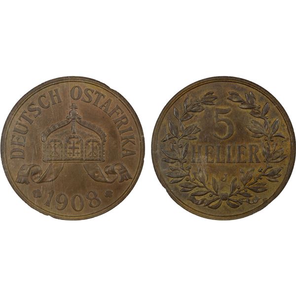 GERMAN EAST AFRICA: Wilhelm II, 1888-1918, AE 5 heller, 1908-J, NGC MS63 BN
