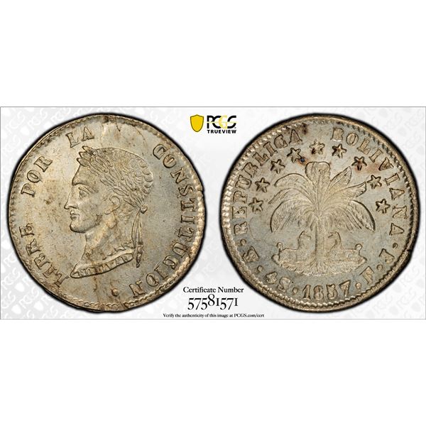 BOLIVIA: Republic, AR 4 soles, 1857-PTS, PCGS MS63