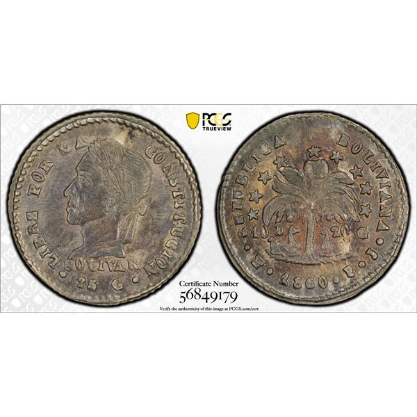 BOLIVIA: Republic, AR 1/2 sol, Potosi, 1860-PTS, PCGS MS62