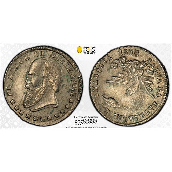 BOLIVIA: Republic, AR 1/2 sol, 1865, PCGS MS62
