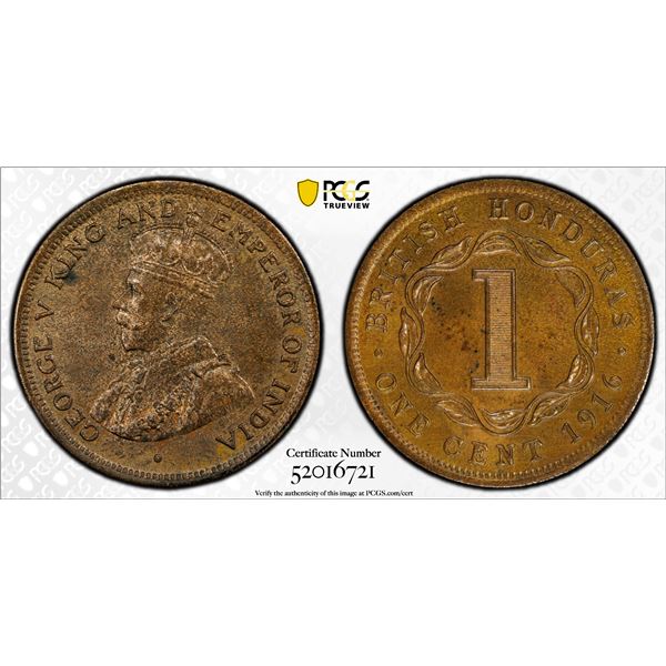 BRITISH HONDURAS: George V, 1910-1936, AE cent, 1916, PCGS MS63 BN
