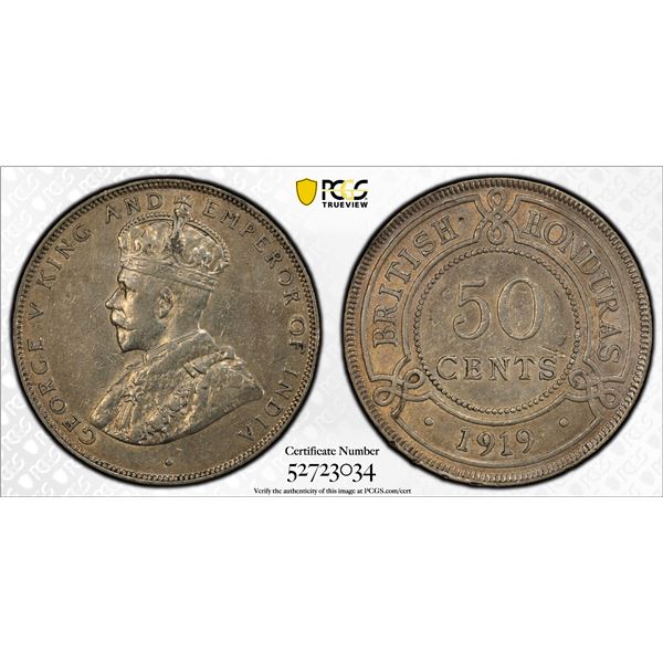 BRITISH HONDURAS: George V, 1910-1936, AR 50 cents, 1919, PCGS AU50