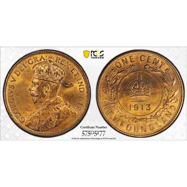 CANADA: NEWFOUNDLAND: George V, 1910-1936, AE cent, 1913, PCGS MS64 RB