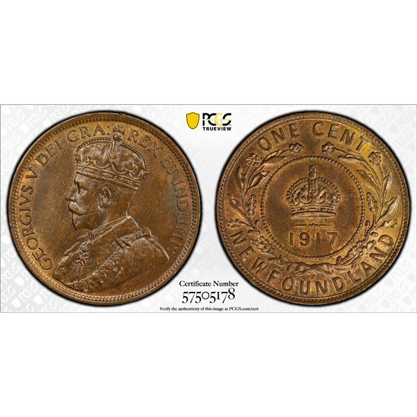 CANADA: NEWFOUNDLAND: George V, 1910-1936, AE cent, 1917-C, PCGS MS64 BN