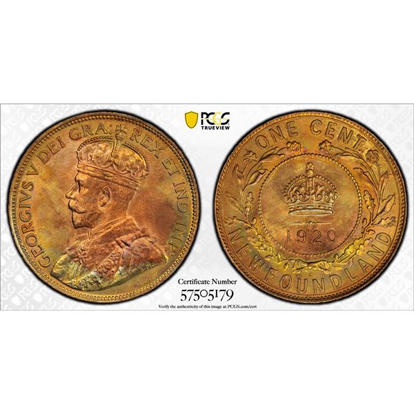 CANADA: NEWFOUNDLAND: George V, 1910-1936, AE cent, 1920-C, PCGS MS64 RB