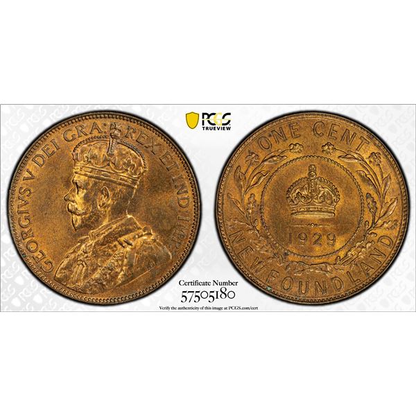 CANADA: NEWFOUNDLAND: George V, 1910-1936, AE cent, 1929, PCGS MS64 RB