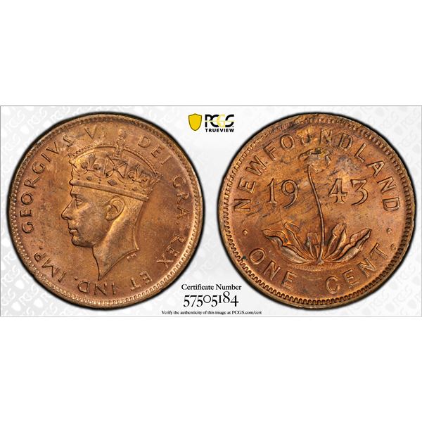 CANADA: NEWFOUNDLAND: George VI, 1936-1952, AE cent, 1943-C, PCGS MS64 RB