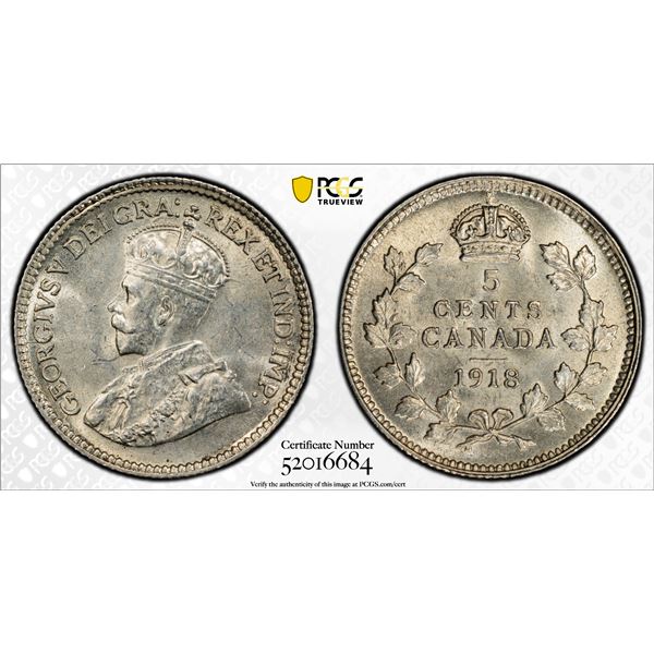 CANADA: George V, 1910-1936, AR 5 cents, 1918, PCGS MS64