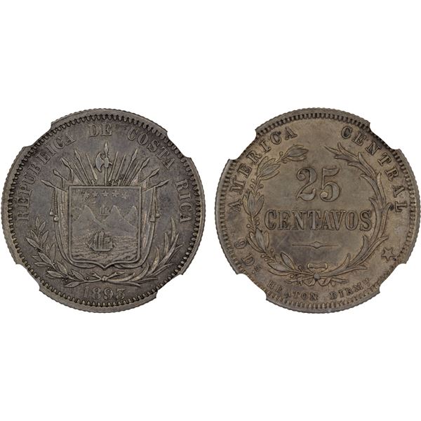 COSTA RICA: Republic, AR 25 centavos, 1893-HEATON, NGC AU55