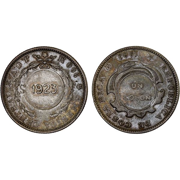 COSTA RICA: Republic, AR colón, 1923, Choice XF