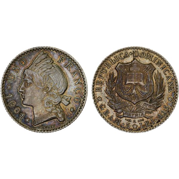 DOMINICAN REPUBLIC: AR franco, 1891-A, AU