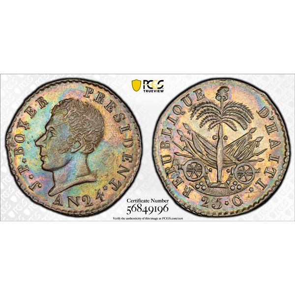 HAITI: Republic, AR 25 centimes, AN 24 (1827), PCGS AU53