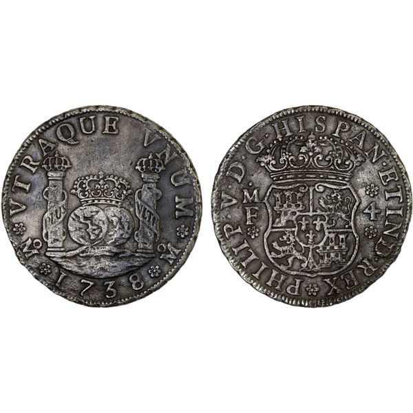 MEXICO: Felipe V, 1700-1746, AR 4 reales, 1738-Mo, VF