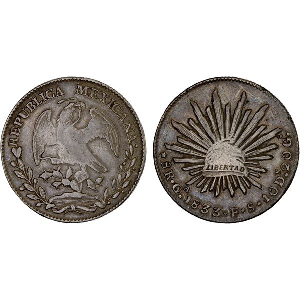 MEXICO: Republic, AR 8 reales (26.86g), Guadalajara, 1833-Ga, Choice VF