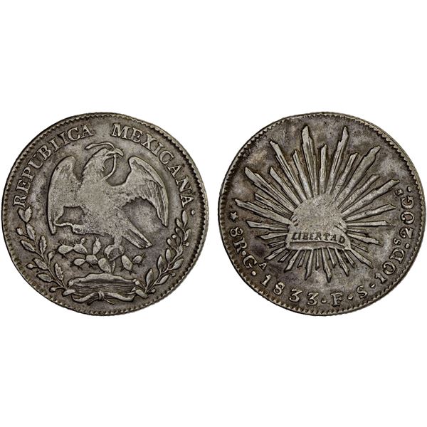 MEXICO: Republic, AR 8 reales (26.69g), Guadalajara, 1833/2-Ga, Choice VF