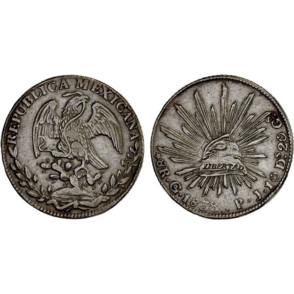 MEXICO: Republic, AR 8 reales (26.94g), Guanajuato, 1838-Go, Choice VF