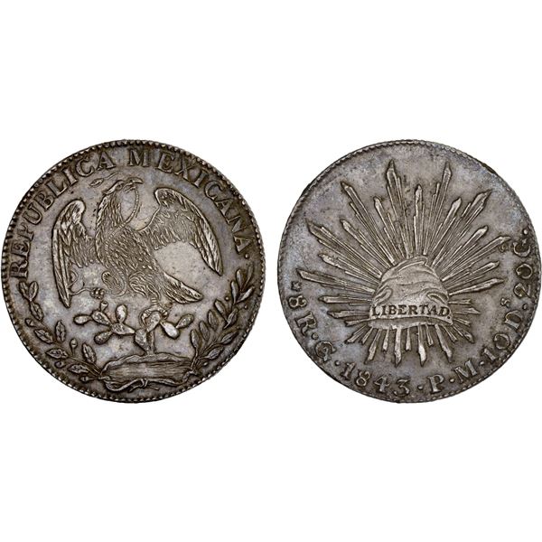 MEXICO: Republic, AR 8 reales (27.12g), Guanajuato, 1843-Go, Choice XF