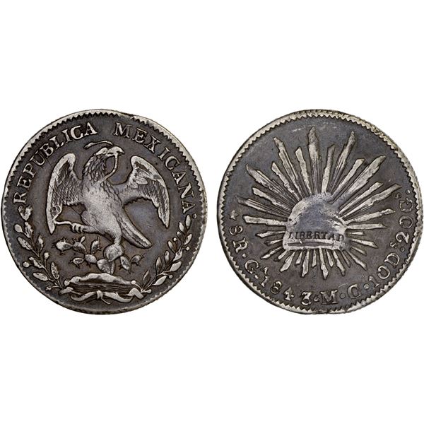 MEXICO: Republic, AR 8 reales (26.83g), Guadalajara, 1843-Ga, F-VF