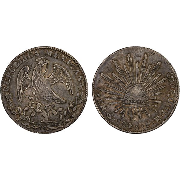 MEXICO: Republic, AR 8 reales (26.86g), Guanajuato, 1845-Go, Choice VF