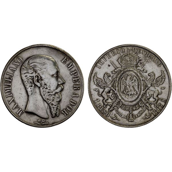 MEXICO: Maximiliano, 1864-1867, AR peso, Mexico City, 1867-Mo, VF-XF