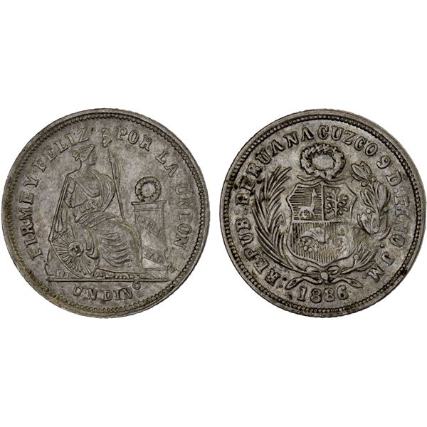PERU: Republic, AR dinero, Cuzco, 1886, XF