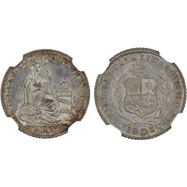 PERU: Republic, AR 1/2 dinero, 1903/893, NGC MS65