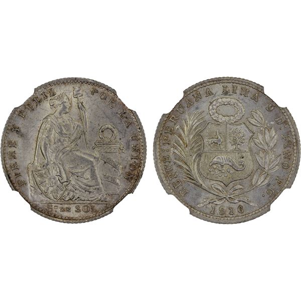 PERU: Republic, AR 1/5 sol, 1916, NGC MS64 +