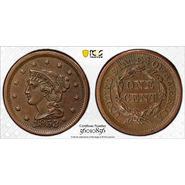UNITED STATES: AE cent, 1853, PCGS AU55