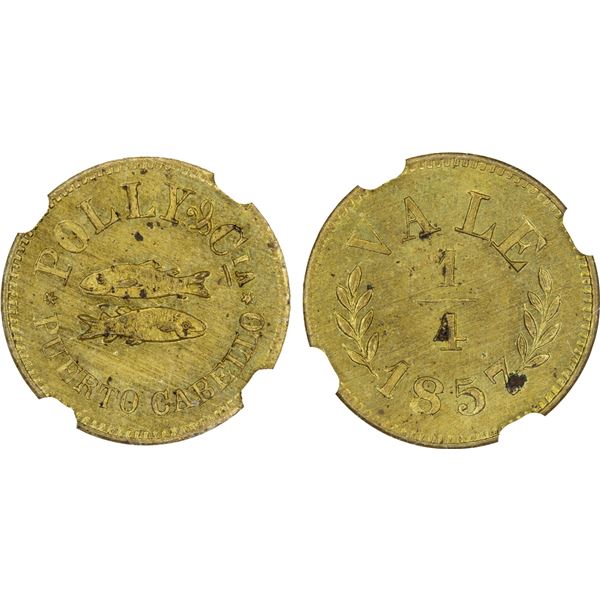 VENEZUELA: Puerto Cabello, 1/4 real, 1857, NGC MS63