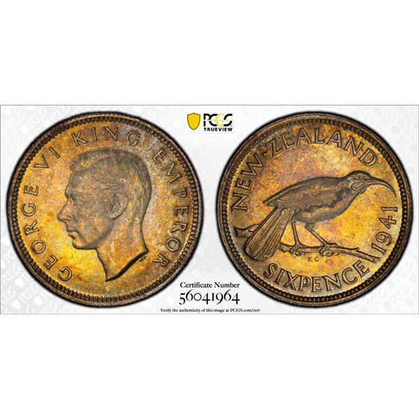 NEW ZEALAND: George VI, 1936-1952, AR 6 pence, 1941, PCGS MS64