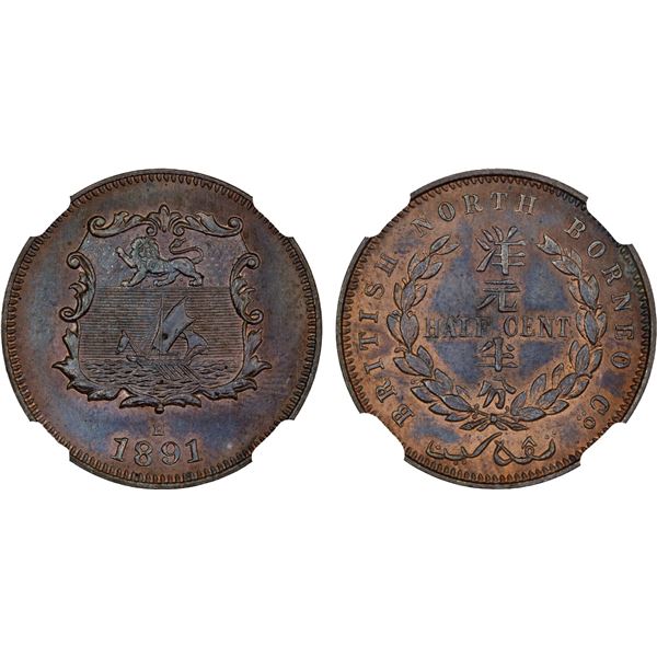 BRITISH NORTH BORNEO: British Protectorate, AE 1/2 cent, 1891-H, NGC MS65 RB