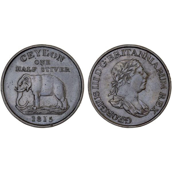 CEYLON: George III, 1796-1820, AE 1/2 stiver, 1815, XF-AU