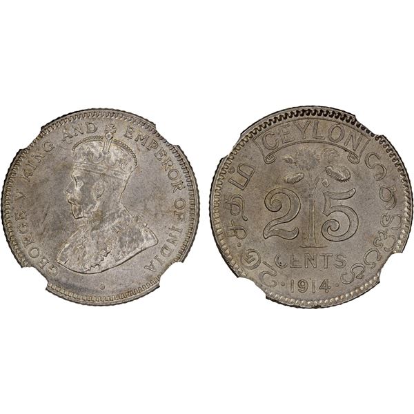 CEYLON: George V, 1910-1936, AR 25 cents, 1914, NGC MS65